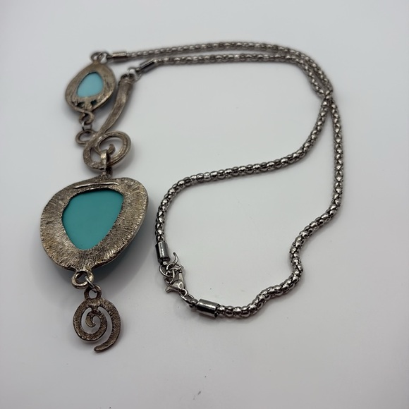 Vintage Norse Asymmetrical Design Chunky Turquoise and Silver Necklace - Picture 7 of 9